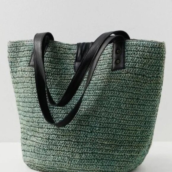 Free People En Riva Raffia + Leather Hand Crafted Tote Bag Moss Green - Picture 4 of 4